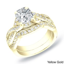 Gold 1ct TDW Certified Cushion Diamond Bridal Ring Set - Handcrafted By Name My Rings™