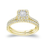 Gold 1ct TDW Certified Princess Diamond Halo Bridal Ring Set - Handcrafted By Name My Rings™