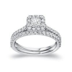 Gold 1ct TDW Certified Princess Diamond Halo Bridal Ring Set - Handcrafted By Name My Rings™