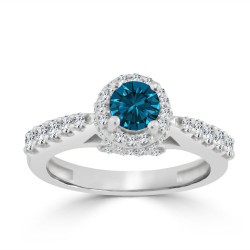 Gold 1ct TDW Round Blue Diamond Halo Engagement Ring - Handcrafted By Name My Rings™