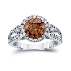 Gold 2 1/3ct TDW Round Cut Brown Diamond Halo Engagement Ring - Handcrafted By Name My Rings™