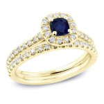 Gold 2/5ct Blue Sapphire and 3/5ct TDW Diamond Bridal Ring Set - Handcrafted By Name My Rings™