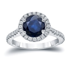 Gold 2ct Blue Sapphire and 2/5ct TDW Diamond Halo Engagement Ring - Handcrafted By Name My Rings™