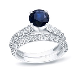 Gold 3/4ct Blue Sapphire and 1/2ct TDW Round Diamond Engagement Ring - Handcrafted By Name My Rings™
