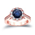 Gold 3/4ct Blue Sapphire and 1ct TDW Round Cut Diamond Halo Engagement Ring - Handcrafted By Name My Rings™