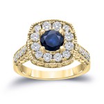 Gold 3/4ct Blue Sapphire and 3/4ct TDW Round Diamond Halo Engagement Ring - Handcrafted By Name My Rings™