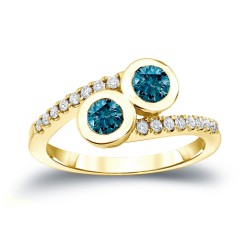 Gold 3/4ct TDW 2-Stone Round Cut Blue Diamond Engagement Ring - Handcrafted By Name My Rings™