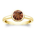 Gold 3/4ct TDW Bezel Round Cut Brown Diamond Solitaire Engagement Ring - Handcrafted By Name My Rings™