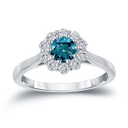 Gold 3/4ct TDW Round-cut Blue Diamond Halo Engagement Ring - Handcrafted By Name My Rings™