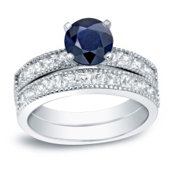 Gold 4/5ct Blue Sapphire and 1 1/5ct TDW Round Diamond Bridal Ring Set - Handcrafted By Name My Rings™