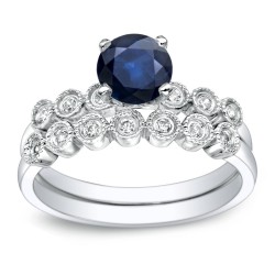Gold 4/5ct Blue Sapphire and 1/5ct TDW Round Cut Diamond Bridal Ring Set - Handcrafted By Name My Rings™