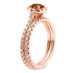 Rose Gold 1ct TDW Brown Round Diamond Halo Bridal Ring Set - Handcrafted By Name My Rings™