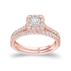 Rose Gold 1ct TDW Certified Princess Diamond Halo Bridal Ring Set - Handcrafted By Name My Rings™