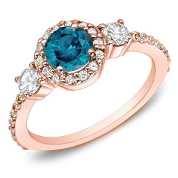 Rose Gold 3/4ct TDW Blue Diamond 3-stone Halo Engagement Ring - Handcrafted By Name My Rings™