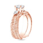 Rose Gold 4/5ct TDW Certified Diamond 3-stone Wheat Carved Bridal Ring Set - Handcrafted By Name My Rings™