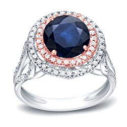 Two-Tone Gold 1 1/4ct Blue Sapphire and 1/2ct TDW Diamond Double Halo Ring - Handcrafted By Name My Rings™
