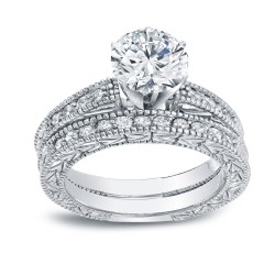White Gold 1 1/2ct TDW Certified Round-cut Diamond Vintage Style Bridal Set - Handcrafted By Name My Rings™