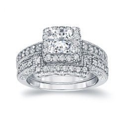 White Gold 1 3/4ct TDW Certified Princess-cut Diamond Square Halo Bridal Ring Set - Handcrafted By Name My Rings™