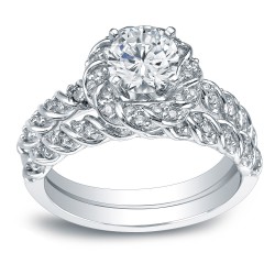 White Gold 1 3/5ct TDW Certified Round-cut Diamond Rope Style Halo Bridal Ring Set - Handcrafted By Name My Rings™