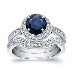 White Gold 1ct Blue Sapphire and 3/5ct TDW Round Diamond Bridal Ring Set - Handcrafted By Name My Rings™