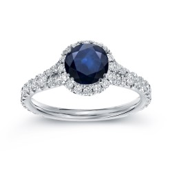 White Gold 1ct Blue Sapphire and 3/5ct TDW Round Diamond Halo Ring - Handcrafted By Name My Rings™