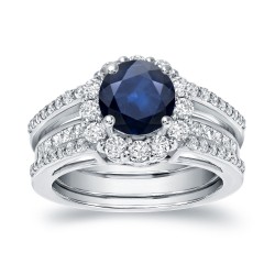 White Gold 7/8ct Blue Sapphire and 1 1/6ct TDW Round Diamond Bridal Ring Set - Handcrafted By Name My Rings™