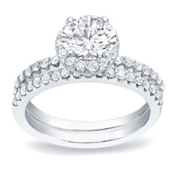 Platinum 1 1/4ct TDW Certified Round Diamond Halo Bridal Ring Set - Handcrafted By Name My Rings™