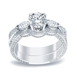 Platinum 4/5ct TDW Certified Three-stone Vintage Bridal Ring Set - Handcrafted By Name My Rings™