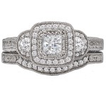 White Gold 5/7ct TDW Princess Halo Vintage Diamond Bridal Set - Handcrafted By Name My Rings™