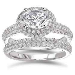 Rhodium-plated Sterling Silver 3 1/8ct Cubic Zirconia Oval Pave Halo Bridal Ring Set - Handcrafted By Name My Rings™