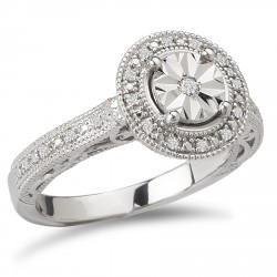 Sterling Silver 1/10ct TDW Round Halo Vintage Diamond Engagement Ring - Handcrafted By Name My Rings™