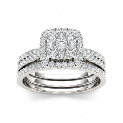 Gold 1ct TDW Diamond Halo Bridal Ring Set - Handcrafted By Name My Rings™
