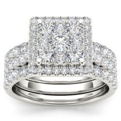 Gold 2ct TDW Diamond Halo Bridal Ring Set - Handcrafted By Name My Rings™