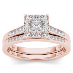 Rose Gold 1/2ct TDW Diamond Halo Engagement Ring Set with One Band - Handcrafted By Name My Rings™