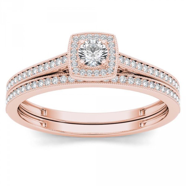 Rose Gold 1/3ct TDW Diamond Halo Engagement Ring with One Band - Handcrafted By Name My Rings™