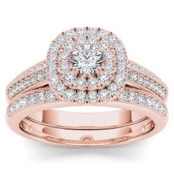 Rose Gold 7/8ct TDW Diamond Double Halo Engagement Ring Set with One Band - Handcrafted By Name My Rings™