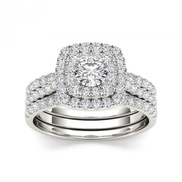 White Gold 1 1/2 ct TDW Diamond Halo Engagement Ring Set - Handcrafted By Name My Rings™