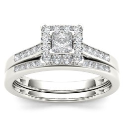 White Gold 1/2ct TDW Diamond Halo Engagement Ring Set with One Band - Handcrafted By Name My Rings™