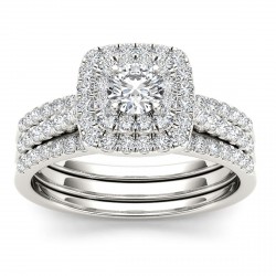 White Gold 1ct TDW Diamond Cushion Shape Double Halo Trilogy Engagement Ring Set - Handcrafted By Name My Rings™