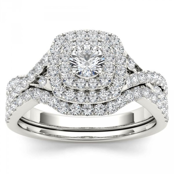 White Gold 7/8ct TDW Diamond Double Halo Bridal Ring Set - Handcrafted By Name My Rings™