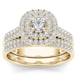 Gold 1ct TDW Diamond Double Halo Engagement Ring Set with One Band - Handcrafted By Name My Rings™