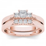 Rose Gold 1/2ct TDW Diamond Three-Stone Engagement Ring Set with One Band - Handcrafted By Name My Rings™