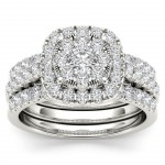 White Gold 1 1/2ct TDW Diamond Halo Engagement Ring Set with Two Bands - Handcrafted By Name My Rings™