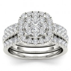 White Gold 1 1/2ct TDW Diamond Halo Engagement Ring Set with Two Bands - Handcrafted By Name My Rings™