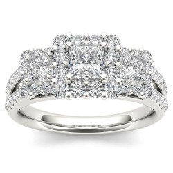 White Gold 1 1/2ct TDW Diamond Three-Stone Halo Engagement Ring - Handcrafted By Name My Rings™