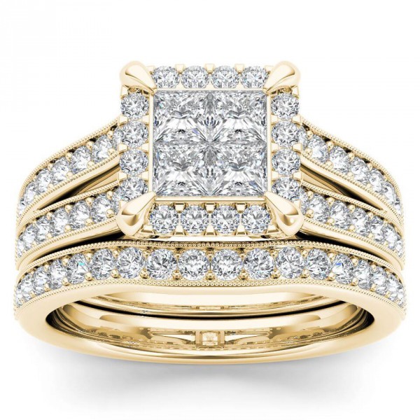 Gold 1 1/2ct TDW Diamond Halo Engagement Ring Set with One Band - Handcrafted By Name My Rings™