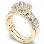 Gold 1 1/2ct TDW Diamond Halo Engagement Ring Set with Two Bands - Handcrafted By Name My Rings™