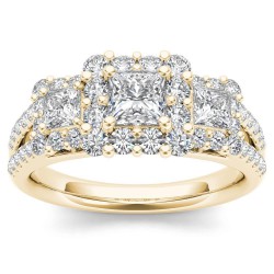 Gold 1 1/2ct TDW Diamond Three-Stone Halo Engagement Ring - Handcrafted By Name My Rings™