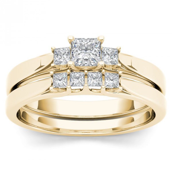 Gold 1/2ct TDW Diamond Three-Stone Engagement Ring Set with One Band - Handcrafted By Name My Rings™