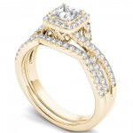 Gold 1ct TDW Diamond Criss-Cross Halo Engagement Ring Set with One Band - Handcrafted By Name My Rings™